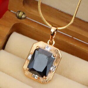 "Black Rectangular Pendant with Gold Textured Frame and Accents, XPPT1785